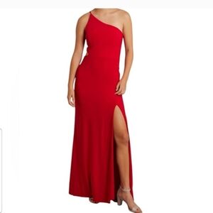 David's Bridal Red One-Shoulder Maxi Dress with High Slit